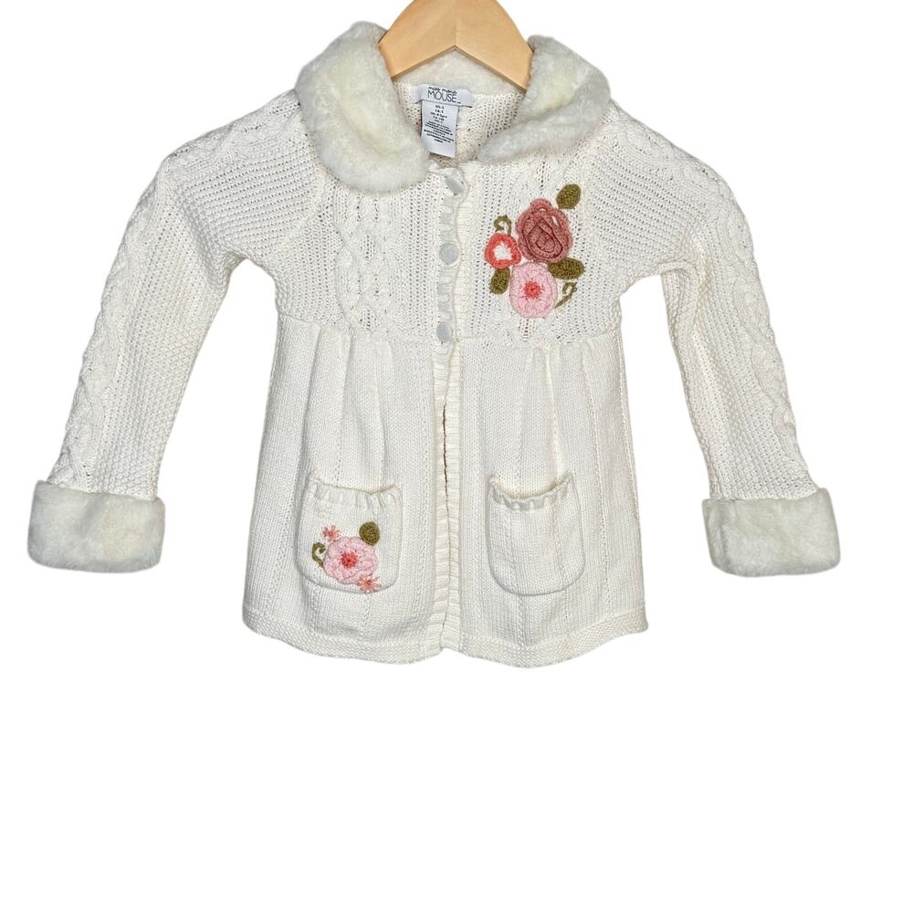 Miss Mona Mouse Girls Cardigan Size 5 Ivory Floral Faux Fur Cottagecore - Picture 12 of 12
